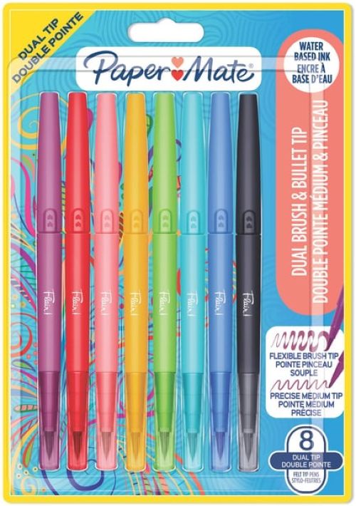 BLISTER 8 STYLOS FEUTRE DOUBLE POINTE FLAIR DUAL COULEURS SURT.