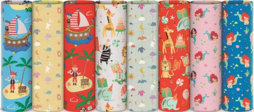 Exp 50 rollitos papel regalo infantil reciclado 70x200cm surtido