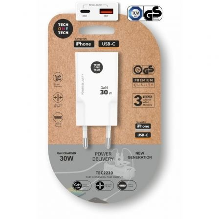 CARGADOR ULTRARRAPIDO GAN 30W USB-C+USB-A BLANCO