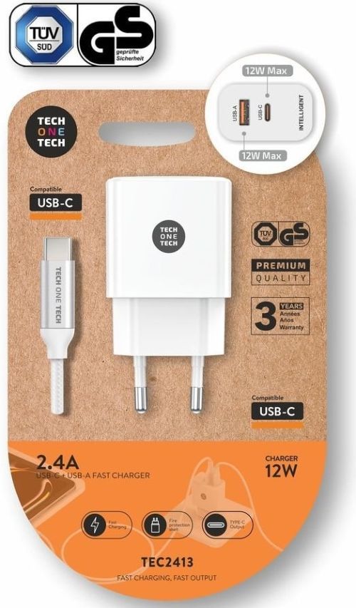 CARGADOR 12W + CABLE USBC SALIDA USBC E USBA BRANCO