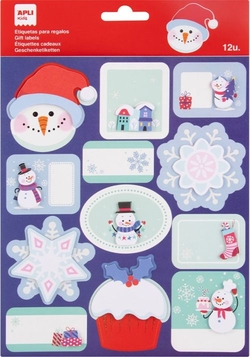 BOLSA 12 ETIQUETAS REGALO NAVIDAD CASITA NEVADA