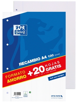 Recambio a4 100+20h 4 taladros 90g. cuad.4x4 c/m oxford